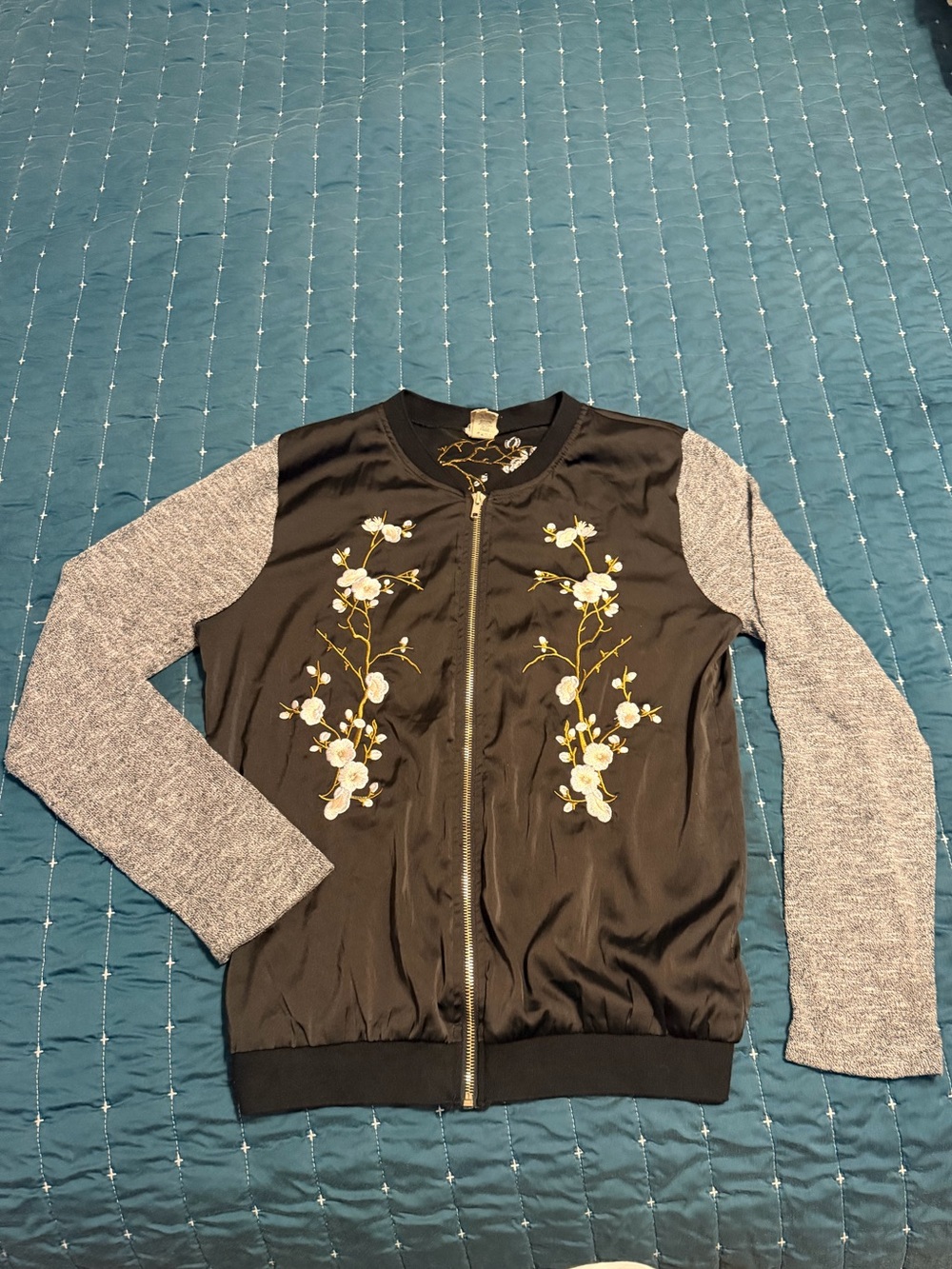 Womens Black Bomber Jacket with Gray Sleeves and Floral Embroidery